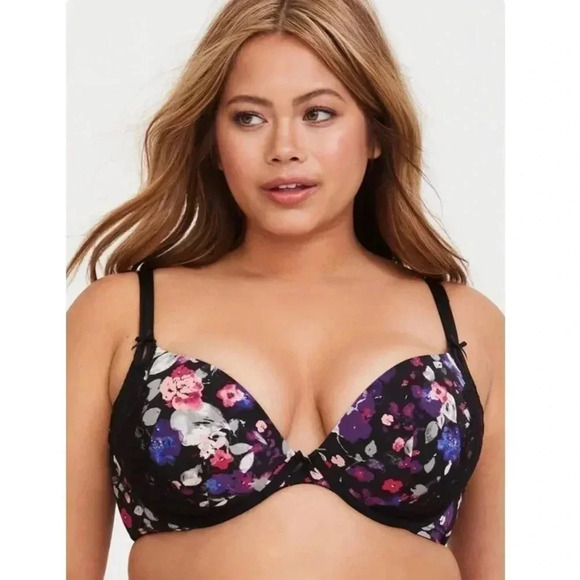 Torrid Black Floral Microfiber & Lace Push-Up Plunge Bra Size 44 DDD - Picture 1 of 6